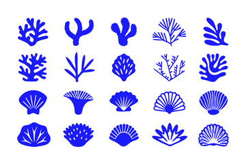 Set of Coral and Seashell Silhouettes, Marine Vector Icons Featuring Various Coral Shapes, Spiral Shells, Sea Fans, and Ocean-Inspired Decorative Elements.