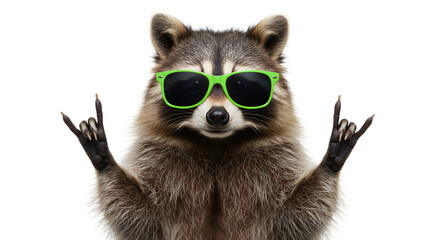Fototapeta premium Funny Raccoon Wearing Green Sunglasses Making Rock Hand Sign on White Background