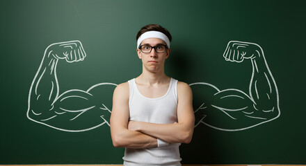 Funny Nerd Posing with Chalk Drawn Muscles on Green Chalkboard Wearing White Outfit and Headband