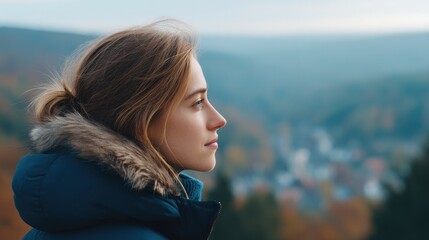 lone traveler gazes out over picturesque european landscape buildings in distance slightly blurred