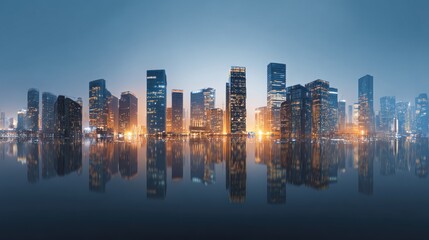Fototapeta premium Cityscape with Skyscrapers Reflected in Water at Dusk