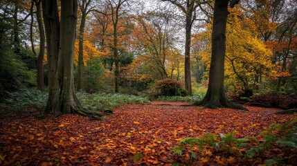 Fototapeta premium Explore the enchanting beauty of an autumn forest. Vibrant leaves blanket the ground beneath tall trees. Experience the serenity of nature. Generative AI.
