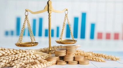 Golden scale balancing coins and wheat on white surface, symbolizing economic stability versus inflation, financial crisis and money value concept.
