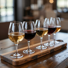 Naklejka premium Wine tasting flight with different wines, rustic wooden board, cozy and inviting setting