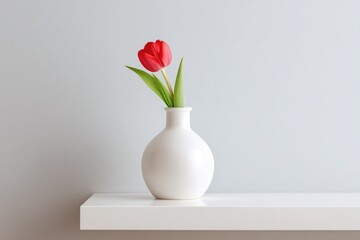 minimalist white table displays solitary vase with single red tulip providing ample copy space
