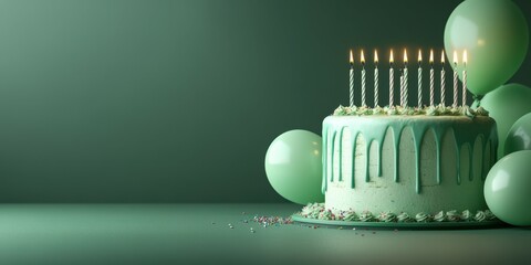Birthday celebration with a green cake, balloons, and candles lit in a softly lit atmosphere