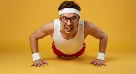 Man in White Tank Top Performing Pushups Against a Yellow Background in Studio