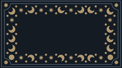 gold frame of stars and crescent moons on blue background, vector illustration