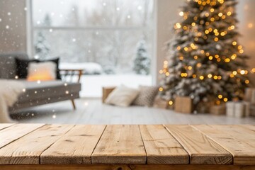 Empty woooden table top with abstract warm living room decor with christmas tree string light blur background with snow,Holiday backdrop,Mock up banner for display of advertise product. 