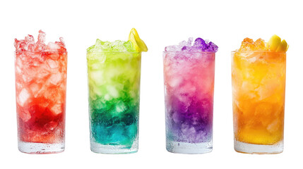 Set Bundle of Popular Vibrant Colorful Refreshing Cocktails on White Background

