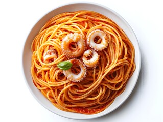 A delicious overhead shot shows a plate of spaghetti with squid s in a rich tomato sauce garnished with fresh basil.