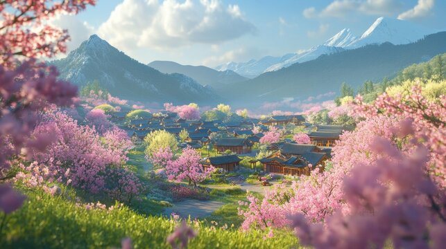 A picturesque village nestled among cherry blossoms with mountainous backdrop