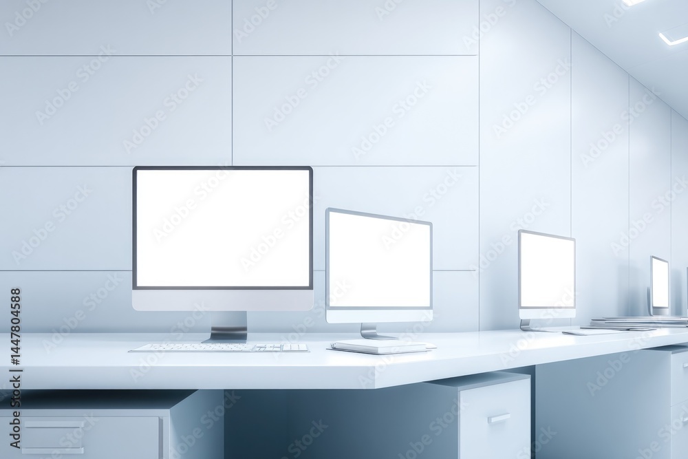 Poster minimalistic office setting housing sleek computers powered by artificial intelligence for streamlin