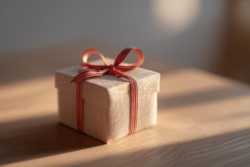neat gift box wrapped with simple ribbon lies on wooden table sunlight filtering through window casting gentle shadows