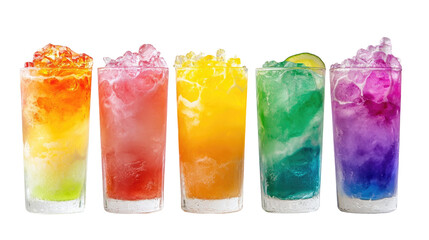 Set Bundle of Popular Vibrant Colorful Refreshing Cocktails on White Background

