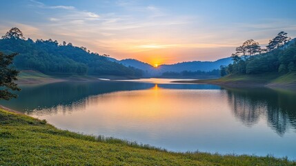 Lake at Sunrise with Forest Landscape