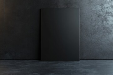 Vertical blank black canvas on dark textured wall and floor. Minimalist composition, dramatic lighting, industrial interior style, ideal for branding, poster design or product mockup. Copy space