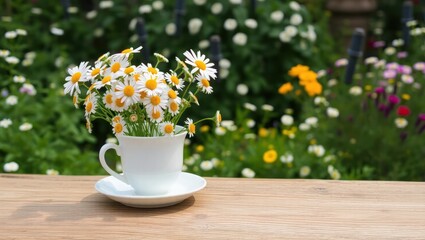 Chamomile Flowers In Teacup On Wooden Table