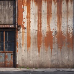 Weathered industrial facade, peeling paint, rusted metal details , structure, doors, aged