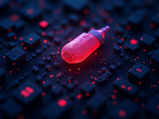 Digital health revolution futuristic medicine capsule on data terrain nighttime conceptual art