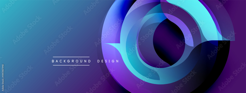 Fototapete Abstract blue purple layers create dynamic circular design. Modern gradient background suggests technology, innovation. Minimal text present.