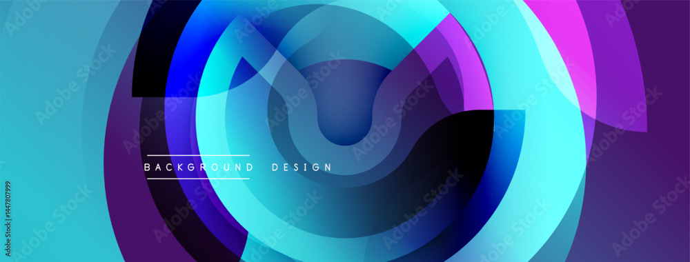 Poster abstract design features layered circles, vibrant colors. blue, purple, turquoise create dynamic vis