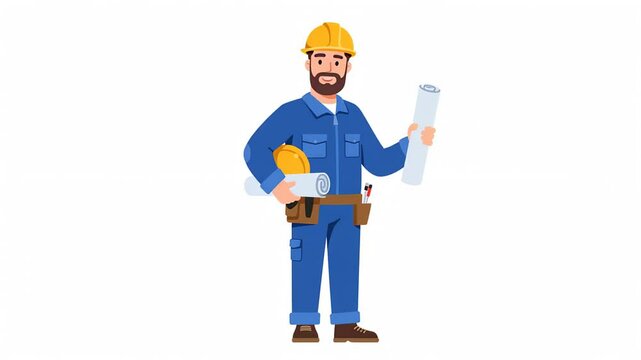 Construction worker character holding blueprints illustration design for commercial use