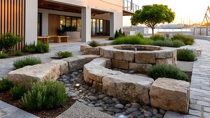 Serene Modern Courtyard Water Feature with Stone Seating Landscaping Design