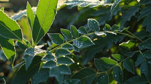 Close-up of sacred Ayurvedic plants like tulsi neem and ashwagandha growing in a garden with dewdrops and morning light for natural healing and wellness content
