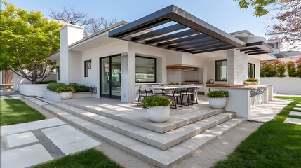 Modern Outdoor Patio Design White House with Pergola Steps and Landscaping