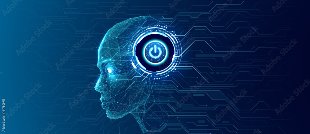 Poster Digital human head with circuit on power button element into a head. Abstract AI robot with HUD bright neon light element as Power On button. Technology futuristic background. Vector illustration.