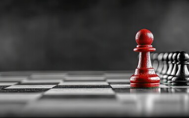 Single red pawn on a chessboard, facing numerous black pieces. Strategic positioning, highlighting leadership and competitive advantage