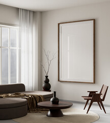 living room interior mock up with modern furnitures. Poster frame mock up in modern interior design. 3D illustration