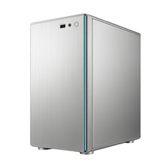 This sleek silver PC tower combines brushed metal elegance with modern features and a vibrant vertical blue light strip.