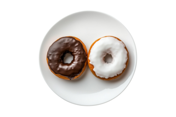 Delicious Chocolate and Vanilla Frosted Donuts on a Plate on transparent background