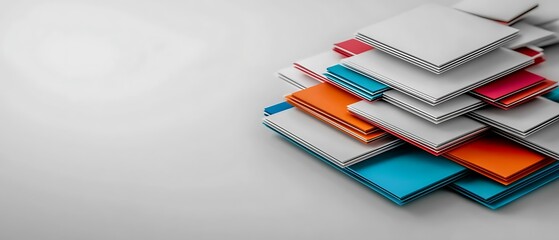Fototapeta premium Abstract geometric composition with stacked white, blue, orange and red squares on a grey background