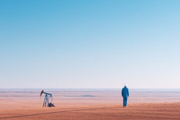 Obraz premium aerial view of single oil pumpjack in vast barren landscape under cloudless sky casting long shadow minimalistic composition