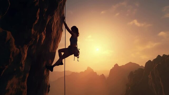 A determined rock climber ascends a steep cliff face at sunset, silhouetted against a glowing sky 