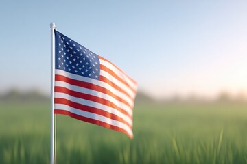 american flag waves gently in soft breeze with sun setting in background