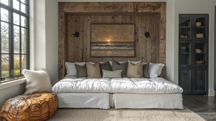 Cozy modern living room featuring a plush sofa with decorative pillows, rustic wooden accents, and natural light, perfect for relaxation and stylish home decor.