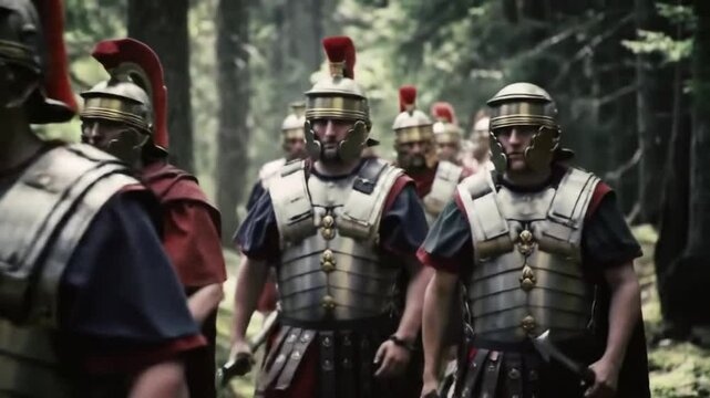 Una cohorte romana atravesando un bosque escena que recuerda la marcha hacia la batalla del bosque de Teutoburgo.