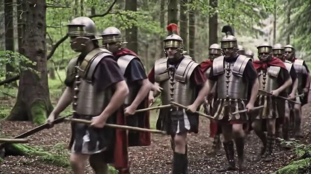Una cohorte romana atravesando un bosque escena que recuerda la marcha hacia la batalla del bosque de Teutoburgo.