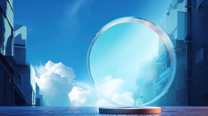 A futuristic circular portal in an urban setting with a bright sky and clouds