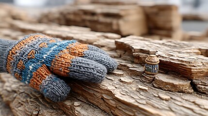 Obraz premium Warm Knitted Gloves Resting on Rustic Weathered Wood Miniature Lantern Present