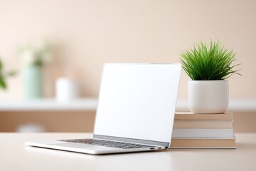 Fototapeta premium captivating minimalistic scene showcasing peaceful home study environment with laptop on tidy desk