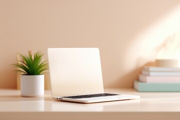 Fototapeta premium captivating minimalistic scene showcasing peaceful home study environment with laptop on tidy desk