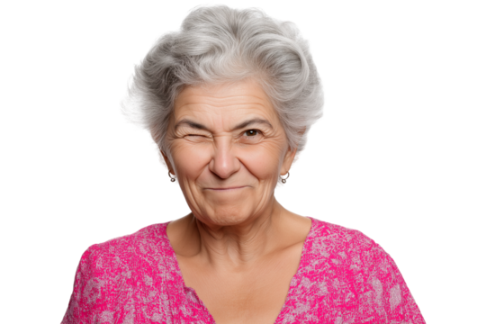 playful charismatic senior woman winking isolated on white transparent background