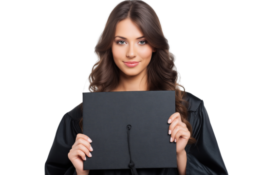young woman graduate in gown displaying graduation cap isolated on white transparent background