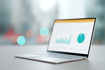 Fototapeta premium close-up of modern office desk with laptop displaying artificial intelligence data analytics software and charts