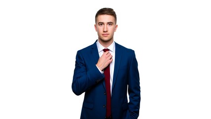 Young professional man adjusting tie while looking into the camer, white background